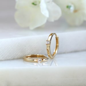 Solid Gold Solitaire Huggie Hoops - Sleeper Earrings, Mini Hoops, Minimalist Jewelry