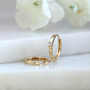 Single Diamond 10K Gold Mini Hoop Huggies Colored Hoop Tiny - Etsy