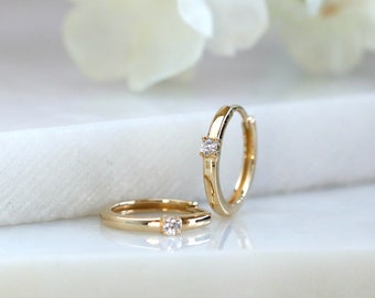 Single Diamond 10K Gold Mini Hoop Huggies Colored Hoop Tiny Minimalist Jewelry