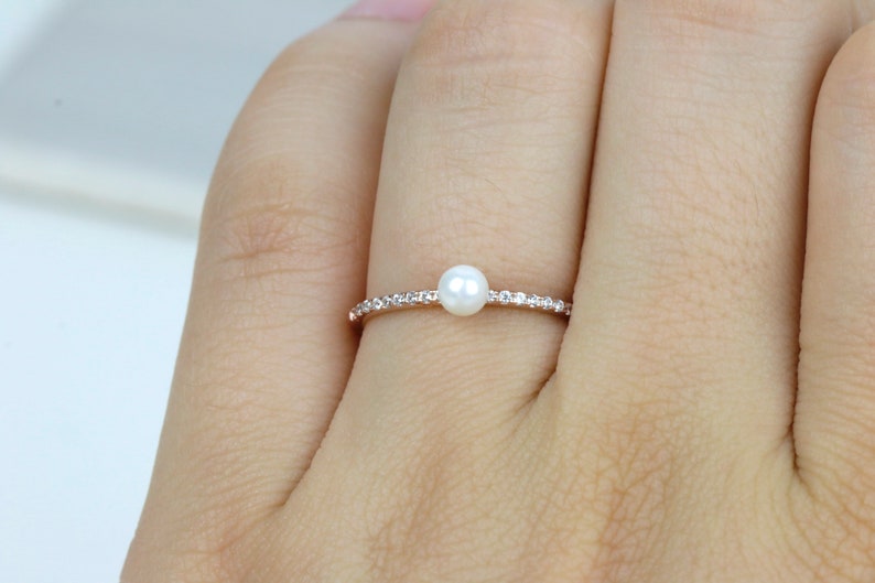 Thin Pearl Ring Dainty Stackable Half Eternity Ring Sterling SilverRose Gold Ring Stacking Ring