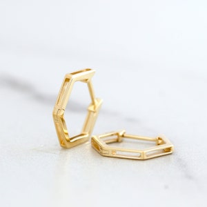 Hexagon Huggies, Solid Gold Small Geometric Hoop Earrings, Dainty Gold Huggie Earrings, Minimalist Earrings