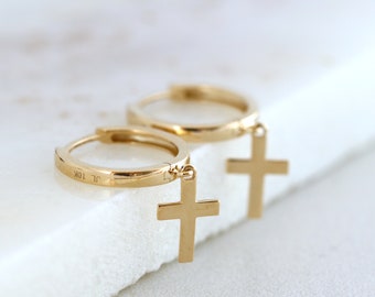 Solid Gold Cross Huggie Hoop Earrings, Dangle Cross Drop Hoops, Dainty Minimalist Cross Earrings