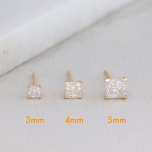 Solid 14K Gold Princess Cut Moissanite Stud Earrings, Square Diamond Studs, Minimalist Jewelry