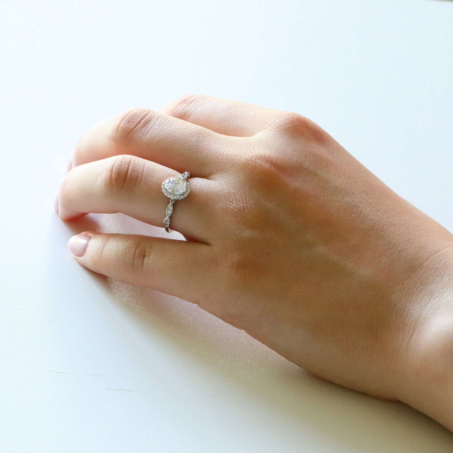 925 Sterling Silver Oval Cut Zircon Engagement Halo Ring
