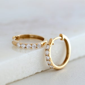 Solid Gold Moissanite Diamond Huggie Hoop Earrings, 10K Gold Diamond Mini Hoops, Minimalist Earrings