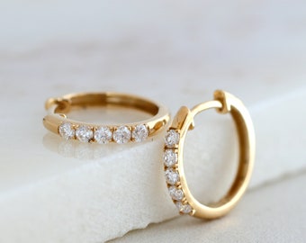 Solid Gold Moissanite Diamond Huggie Hoop Earrings, 10K Gold Diamond Mini Hoops, Minimalist Earrings