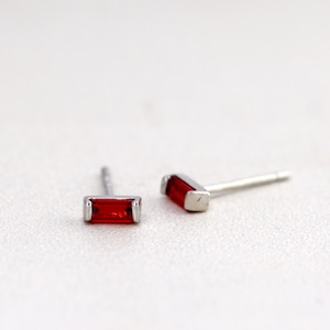 Tiny Ruby Red Baguette Stud Earrings – July Birthstone, Sterling Silver Minimalist Everyday Jewelry