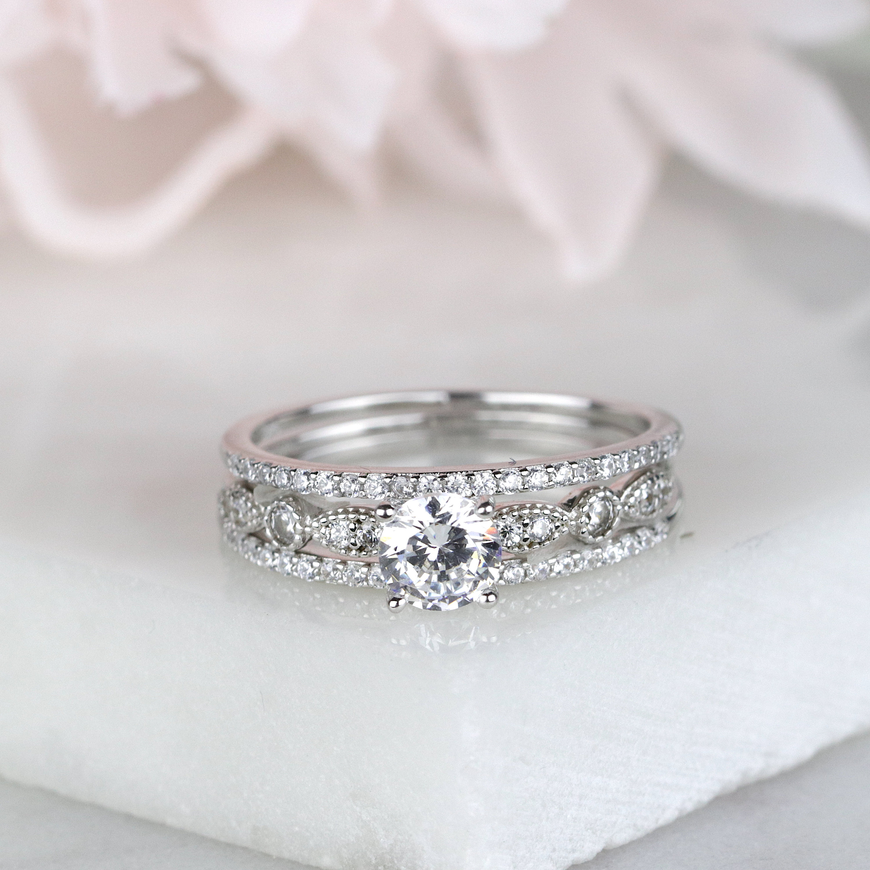 Cushion Cut Marquise Art Deco Engagement Wedding Bridal Ring Round Simulated Diamond 925 Sterling Silver