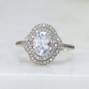 Sterling Silver Oval Double Halo Ring: Diamond Simulant Promise Ring