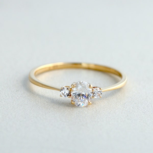 Petite Oval Moissanite Engagement Ring: 10K Gold Three Stone Promise Ring