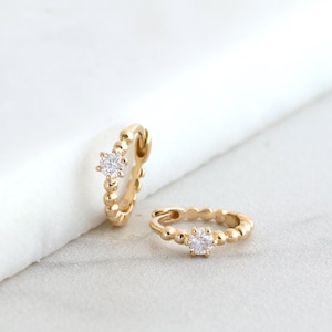 Solid Gold Beaded Huggie Hoop Earrings, Moissanite Diamond Mini Hoops in 10K/14K Gold, Minimalist Earrings image 3