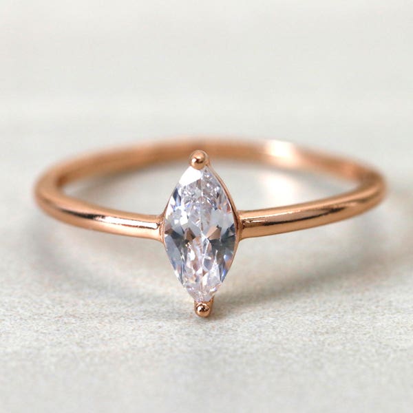 Marquise Solitaire Ring, Sterling Silver Stackable Ring, Rose Gold Statement Ring, Minimalist Ring