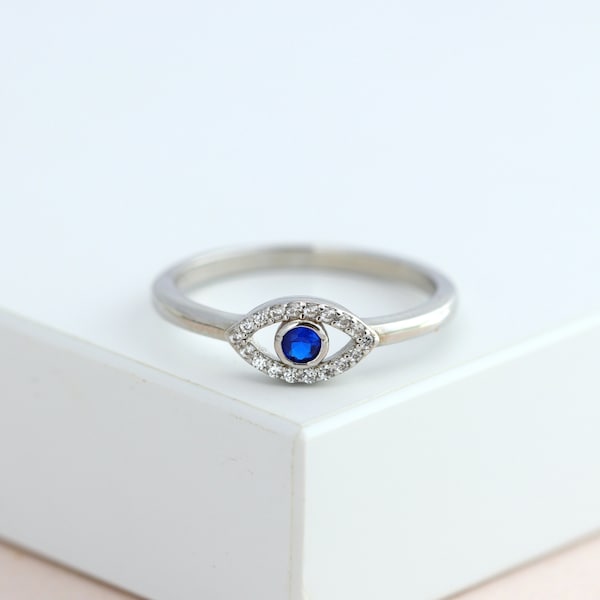 Blue Sapphire Evil Eye Ring, Dainty Gold Talisman Ring, Sterling Silver Stacking Ring, Protection Ring Hand of Fatima Ring