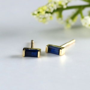 Tiny Sapphire Blue Baguette Stud Earring Sterling Silver Gold Vermeil Minimalist Earrings Everyday