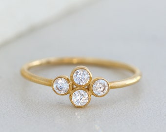 Solid Gold Clover Ring, Diamond Four Stone Bezel Ring, Good Luck Ring, Friendship Ring, Gift for Her