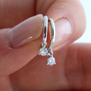 Solid White Gold Drop Huggie Hoops, Dangle Sleeper Earrings, 10K/14K Minimalist Jewelry