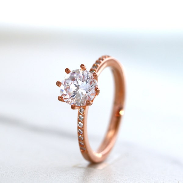 2ct Round Cut Rose Gold Engagement Ring, Dainty Diamond CZ Solitaire Ring, Promise Ring, Gift for Her