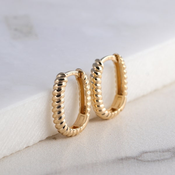 Twisted Oblong Hoop Earrings, Solid Gold Paper Clip Huggie, Rectangle U Shape Earrings, Minimalist Jewelry