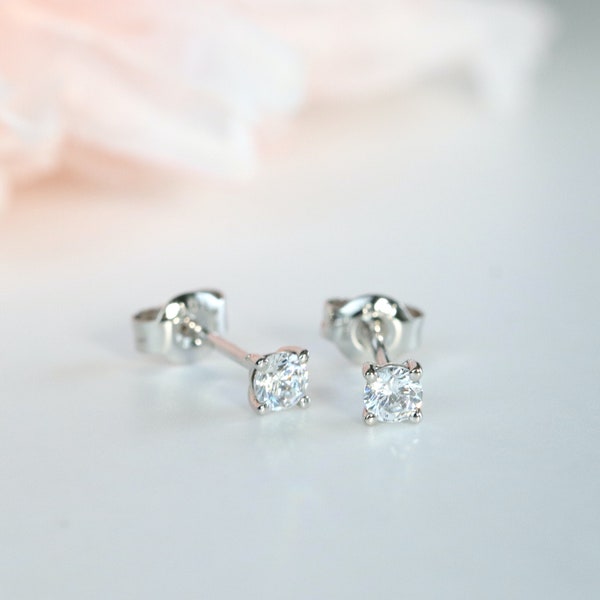 White Gold Solitaire Studs, Moissanite Diamond Stud Earrings, Colored Studs, Birthstone Earrings, Gift for Her