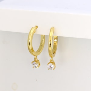 Simple Diamond CZ Drop Hoop Earrings, Sterling Silver Hoops, Dangle Hoops, Rose Gold Earrings, Minimalist Earrings