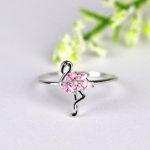 Pink Flamingo Ring, Sterling Silver Bird Ring, Dainty Statement Ring, Tropical Bird Ring Animal Lover Gift