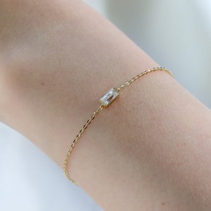 Baguette Moissanite Diamond Solitaire Bracelet, Solid 10K Gold Minimalist Stackable Bracelet, Gift for Her