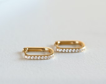 Dainty Oblong Rectangle Diamond Huggie Hoop Earrings, Moissanite Diamond U Hoops, Mini Hoops, Minimalist Jewelry