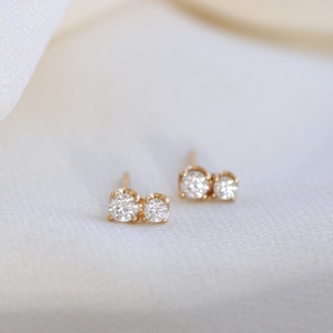 Solid Gold Two-Stone Stud Earrings, Minimalist Moissanite Diamond Earrings, Everyday Earrings