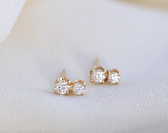 14K Gold Double Diamond Stud Earrings, Two Stone Studs, Second Hole Studs, Moissanite Diamond Studs, Minimalist Earrings