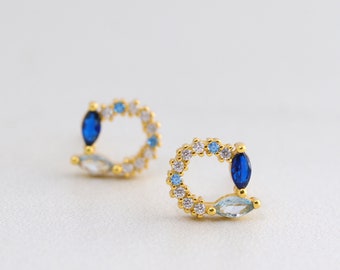 Marquise Cut Sapphire Blue CZ Diamond Stud Earrings, Sterling Silver Round Open Studs, September Birthstone Earrings