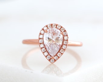 1.5ct Rose Gold Pear Cut CZ Halo Ring, Engagement Ring, Promise Ring, Teardrop CZ Wedding Ring, Anniversary Ring