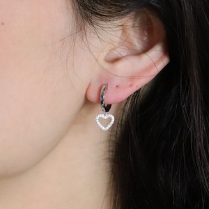 Dangle Heart Huggie Earrings, Tiny Heart Drop Hoops, Minimalist Jewelry, Gift for Her
