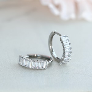 Solid White Gold Baguette Huggie Hoops, Sleeper Earrings, Cartilage Hoops, Minimalist Jewelry for Women