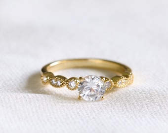 Round Cut Engagement Ring in 14K Gold Vermail with Milgrain Detailing, Promise Ring, Anniversary Ring, Placeholder Ring