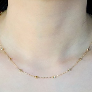 Solid Gold Cube Ball Station Necklace, Dainty Beaded Chain, Minimalist Gold Layering Necklace