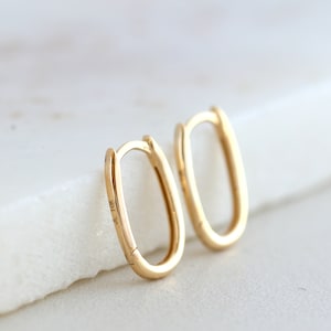 Solid Gold Oblong Rectangle Huggie Hoops, U-Shape Sleeper Earrings, Minimalist Jewelry