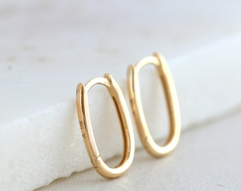 Oblong Rectangle Hoop Earring, 14K Gold U Shape Huggie Hoop, White Gold Mini Hoops, Minimalist Jewelry