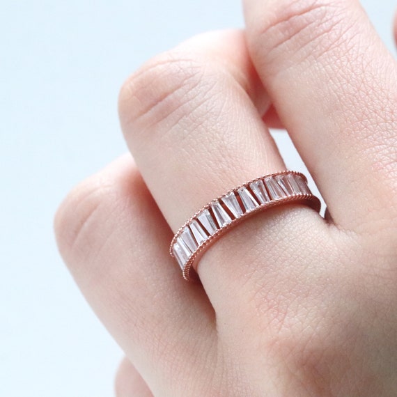 Baguette Eternity Ring Tapered Baguette CZ Stackable Ring Thumb