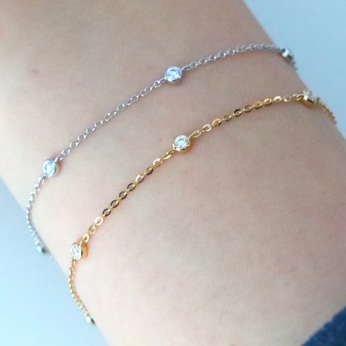 Solid Gold Diamond Bezel Station shops Bracelet, Satellite Chain Bracelet, Dainty Gold Layering Bracelet, Moissanite Bracelet, Minimalist Bracelet