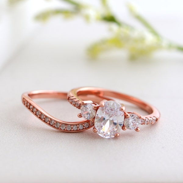 Oval Cut Three Stone Rose Gold Silver Engagement Ring Set, Wedding Ring Set, Anniversary Gift