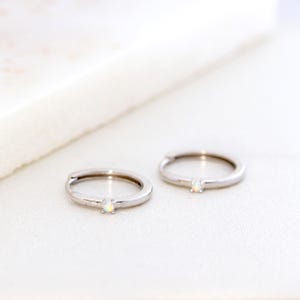 Solid 10K White Gold Opal Huggie Earrings, Dainty Sleeper Hoops, Cartilage Helix Jewelry