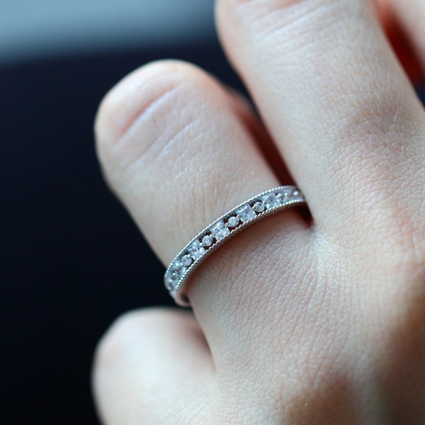 Anillo de banda de eternidad de plata vintage, banda de boda, anillo de apilamiento de oro, anillo apilable de oro rosa