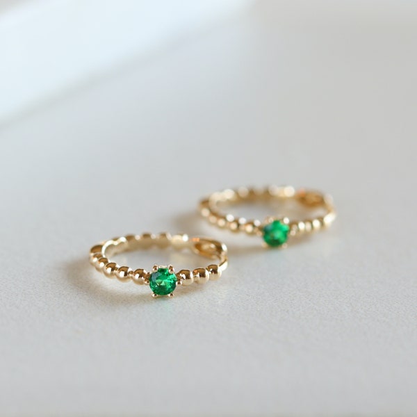 Green Emerald Beaded Huggie Hoop Earring, Solid Gold Emerald Earring, May Birthstone Earring, Dainty Small Hoop, Minimalist Earring