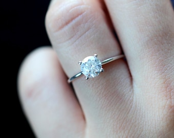 1ct Moissanite Engagement Ring in 10K White Gold, Dainty Solitaire Ring, Round Cut 4 Prong Diamond Ring, Minimalist Ring