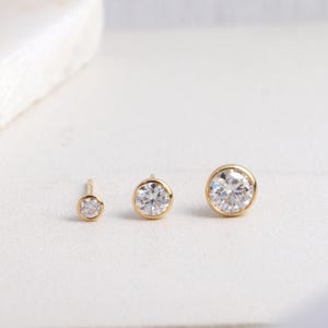 Classic Solid 14K Gold Bezel Studs, Moissanite Diamond Stud Earrings, Minimalist Earrings