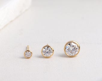 Solid 14K Gold Bezel Moissanite Diamond Stud Earrings, Minimalist Earrings