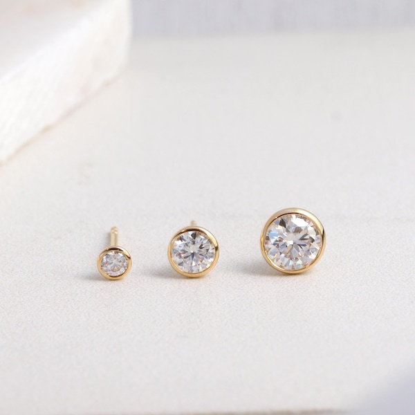 Solid 14K Gold Bezel Moissanite Diamond Stud Earrings, Minimalist Earrings