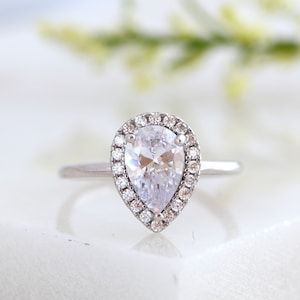 1.5ct Pear Cut Halo Engagement Ring, Sterling Silver Teardrop Promise Ring, Wedding Ring, Anniversary Ring