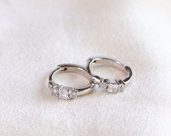 Sterling Silver Princess Cut Diamond CZ Huggie Hoops, Small Gold Hoop Earrings, Tiny Cartilage Hoop