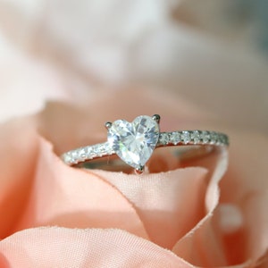 Sterling Silver Heart Ring, Heart-Shaped Simulated Diamond Engagement Ring, Promise Ring, Anniversary Gift for Her